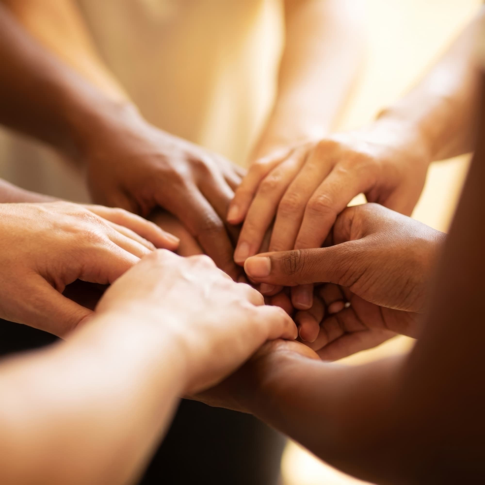 Team members joining hands in a collaborative gesture