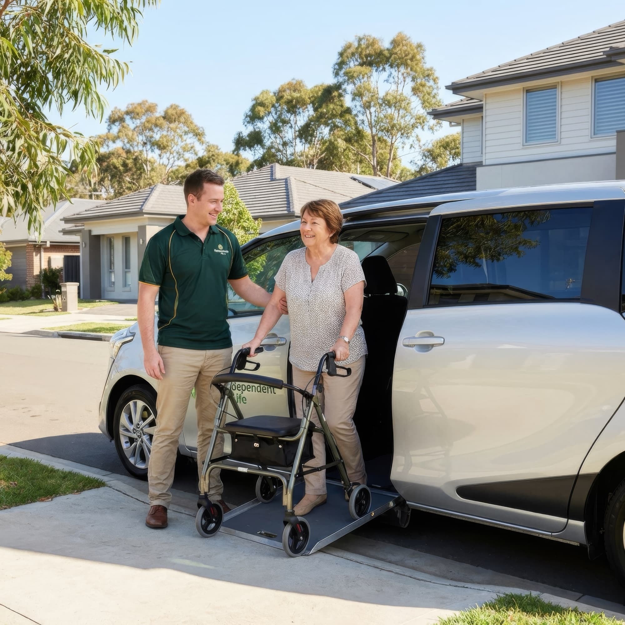 Elderly woman with a walker being assisted near an InLife branded van by a support worker