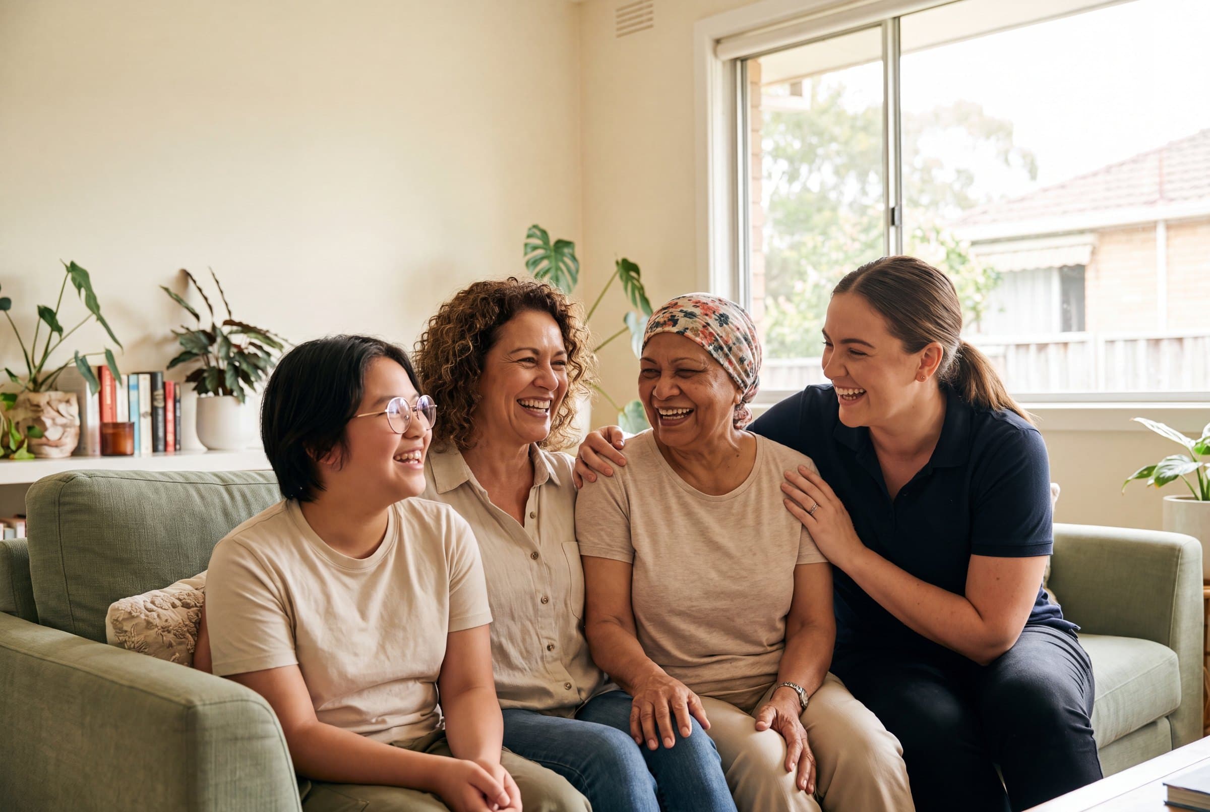 A multigenerational multicultural family at home laughing with their InLife support worker