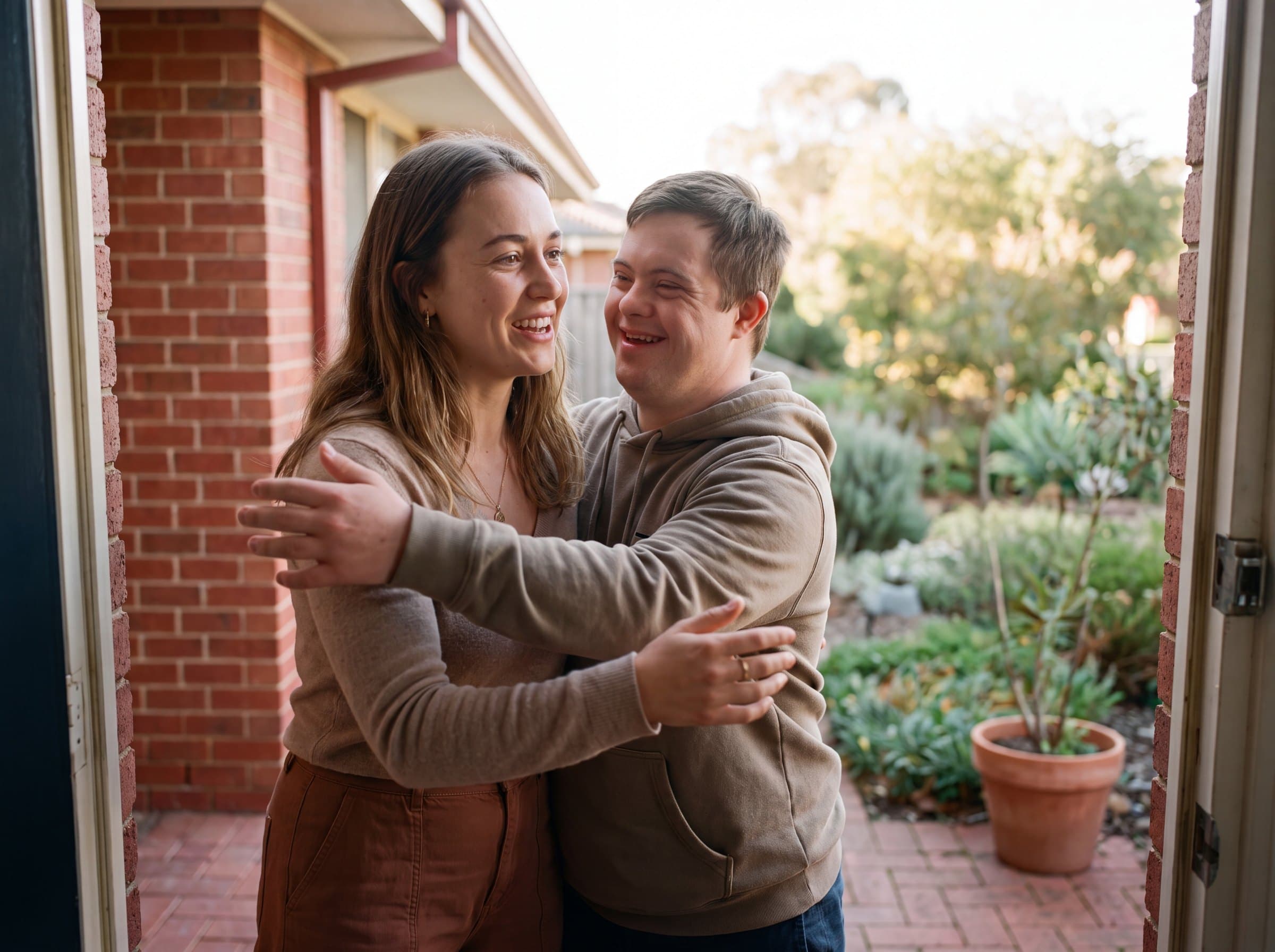 A support worker warmly greeted at the front door by the young man she supports