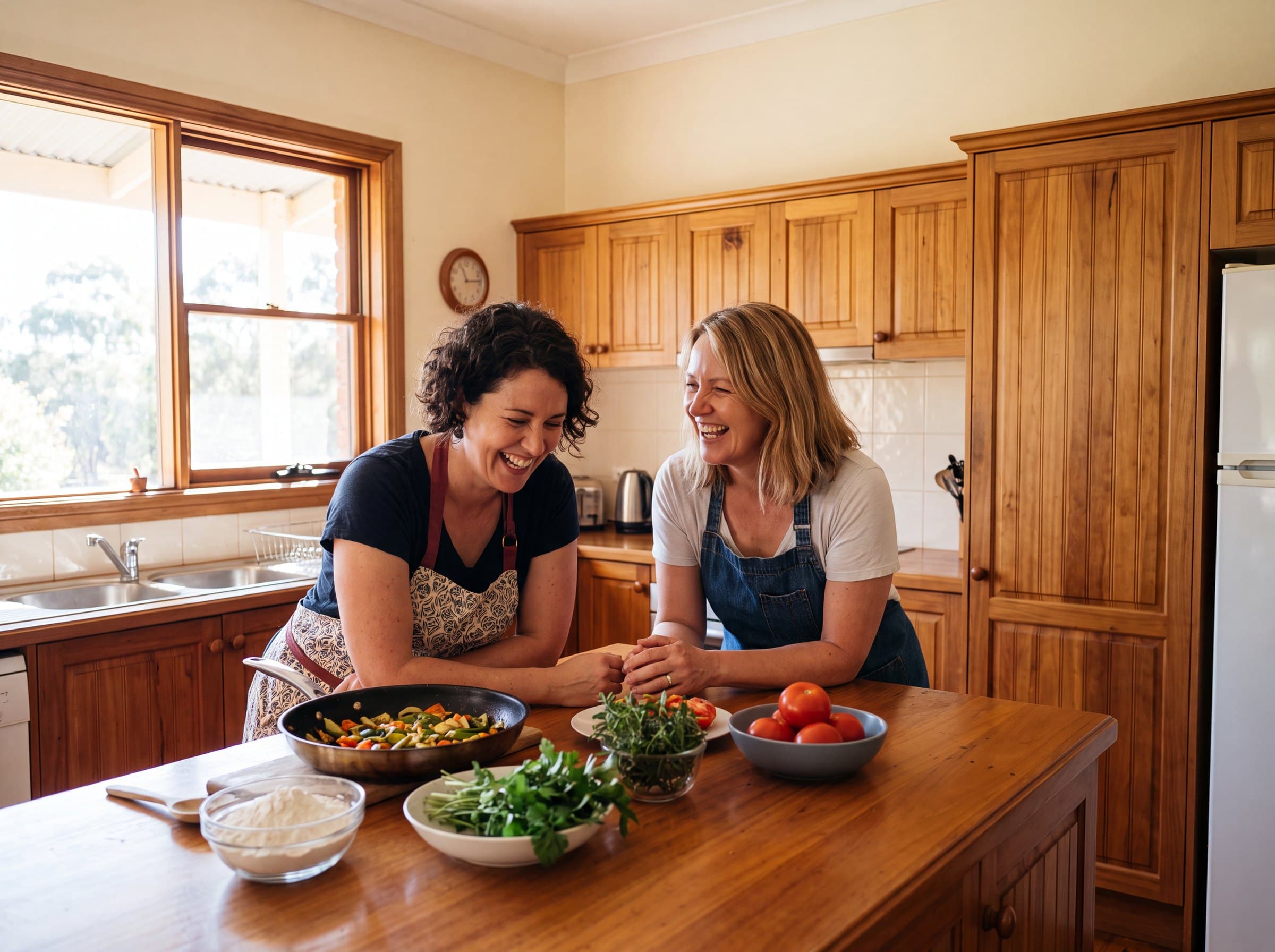 Two women of different cultural backgrounds cooking and laughing together in a home kitchen