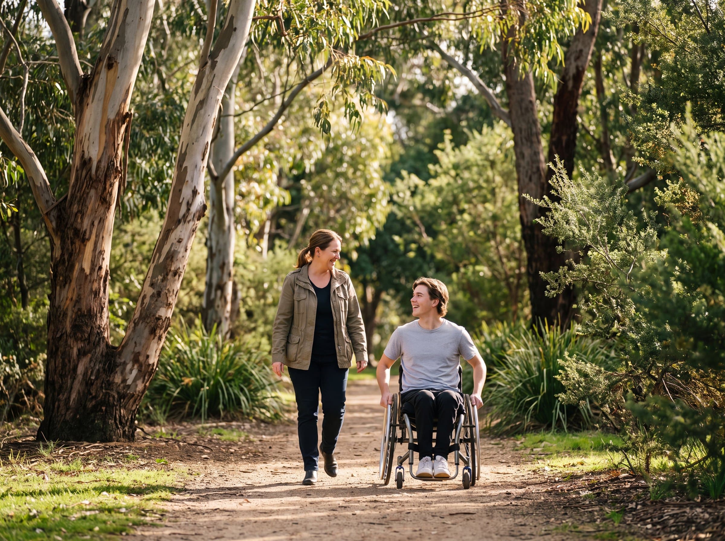 A support worker walking beside a young wheelchair user through a leafy community park