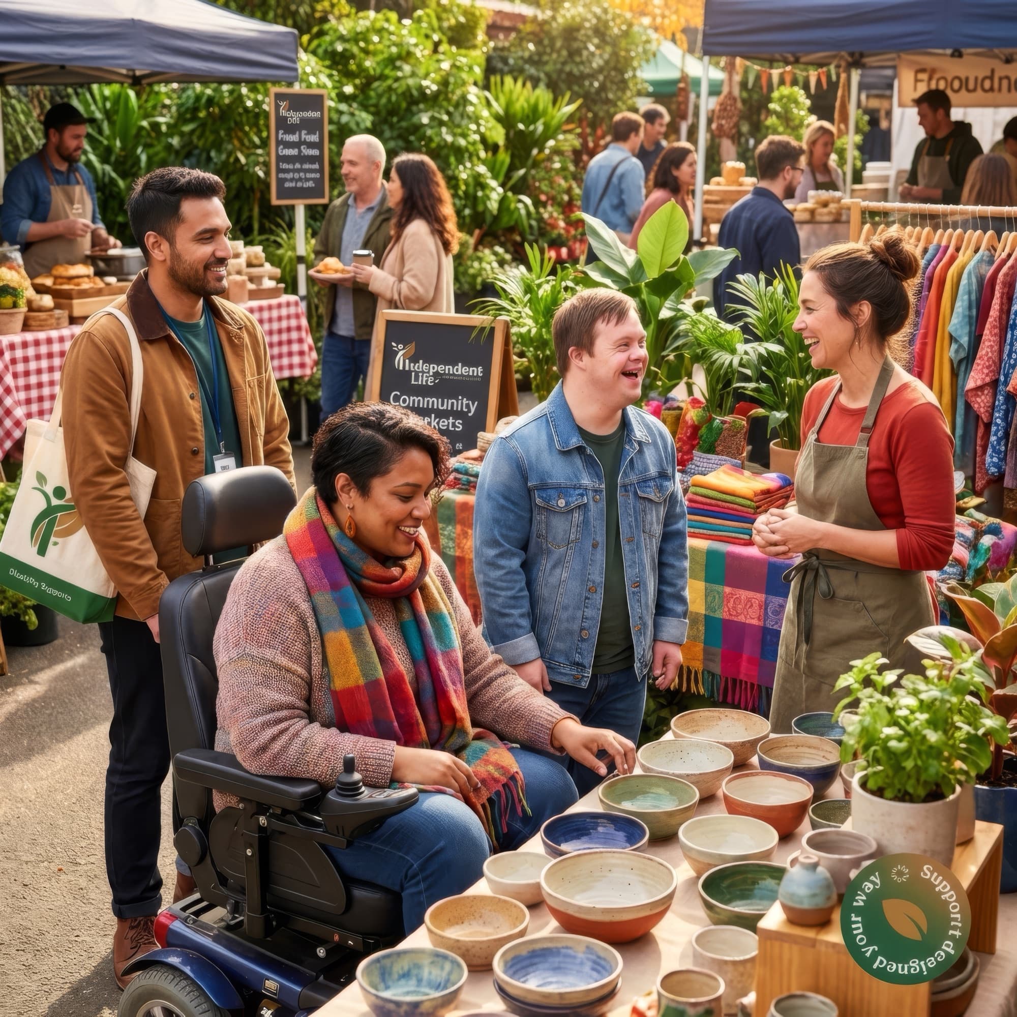 Vibrant market scene with wheelchair user shopping at an outdoor Melbourne market