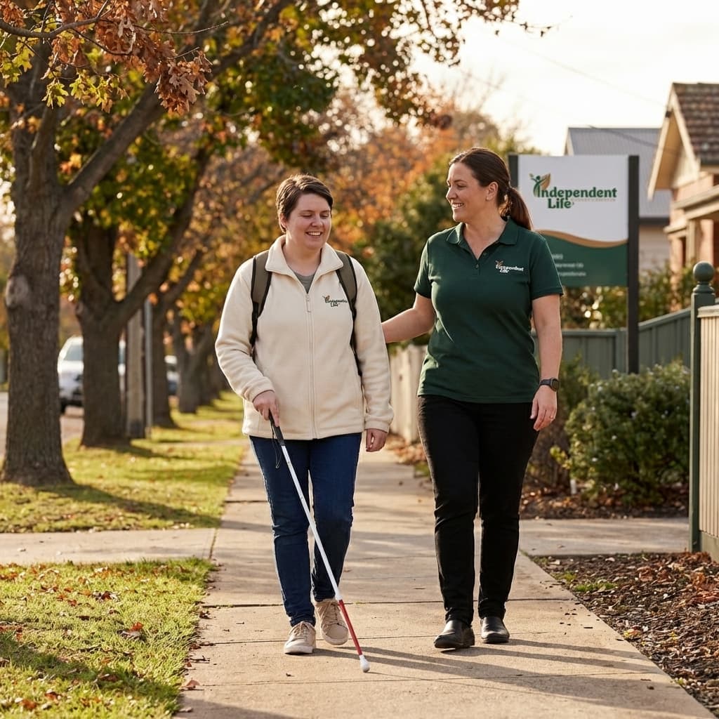 Support worker walking alongside a participant in a residential area