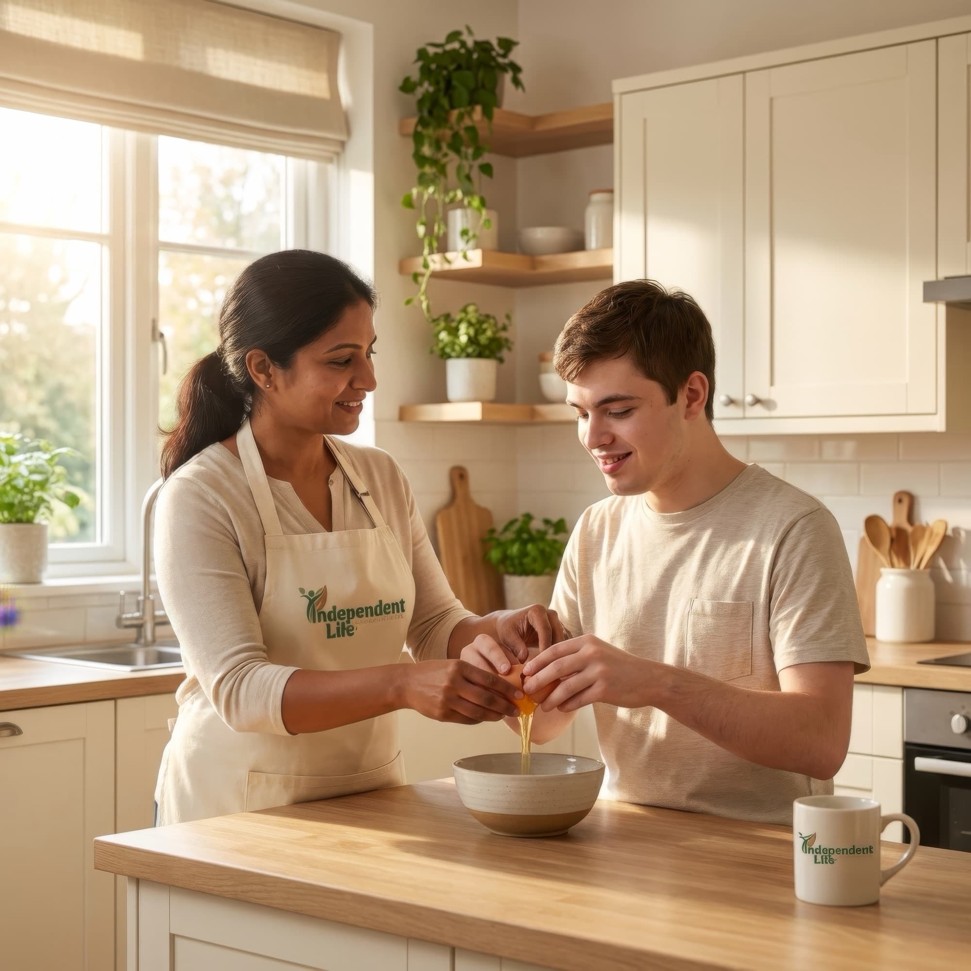 Support worker helping a young man cook in the kitchen
