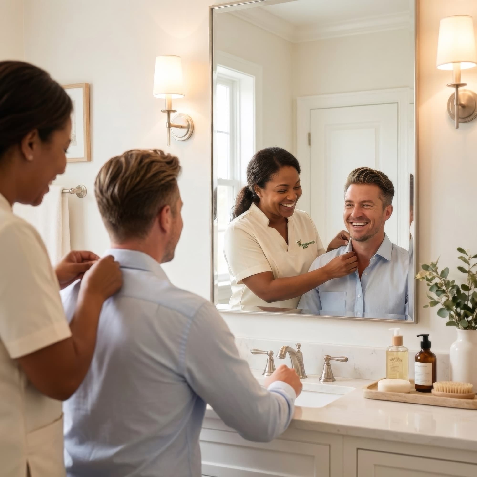 Support worker helping a man with grooming, both smiling in the mirror
