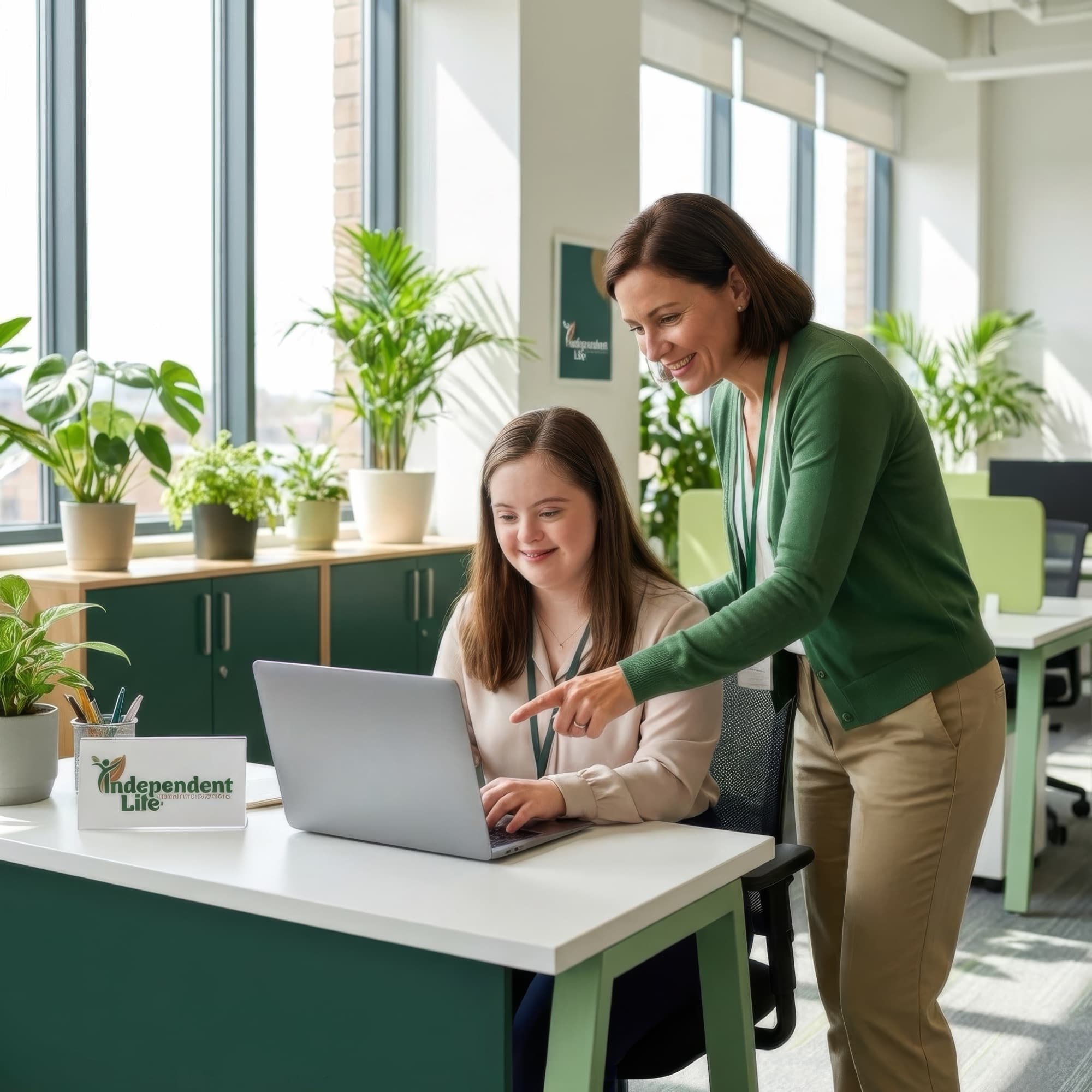 Support worker helping a woman with Down syndrome use a laptop in an office