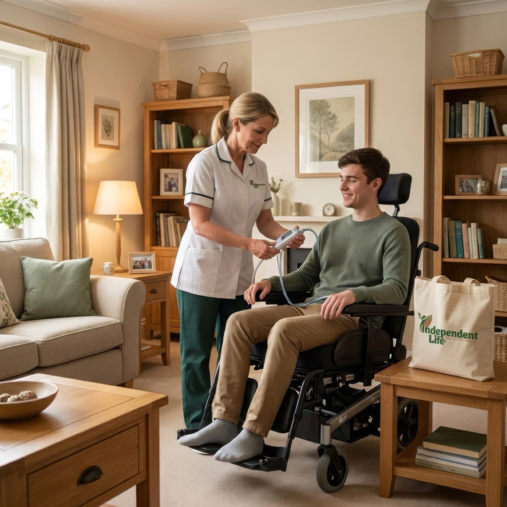 Nurse checking blood pressure of a man in wheelchair at home