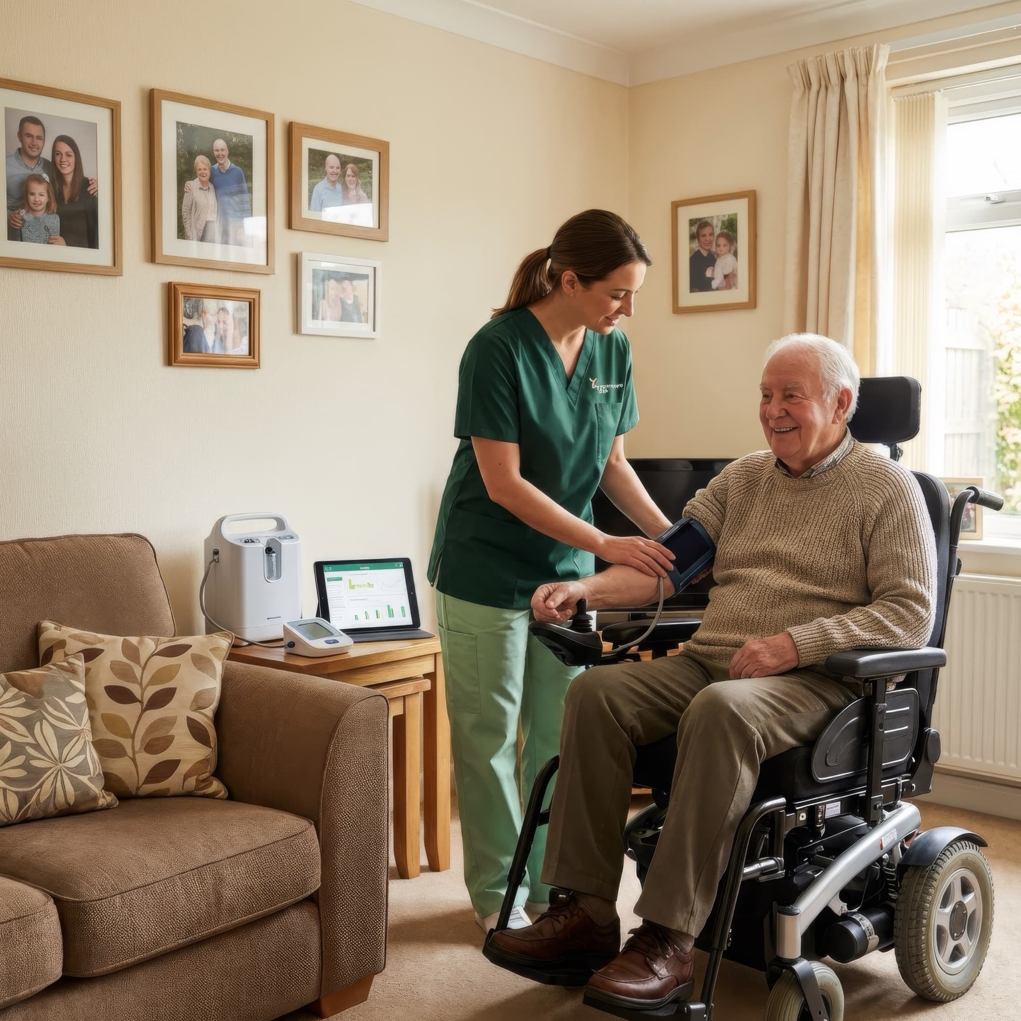 Nurse taking blood pressure of an elderly man in a wheelchair